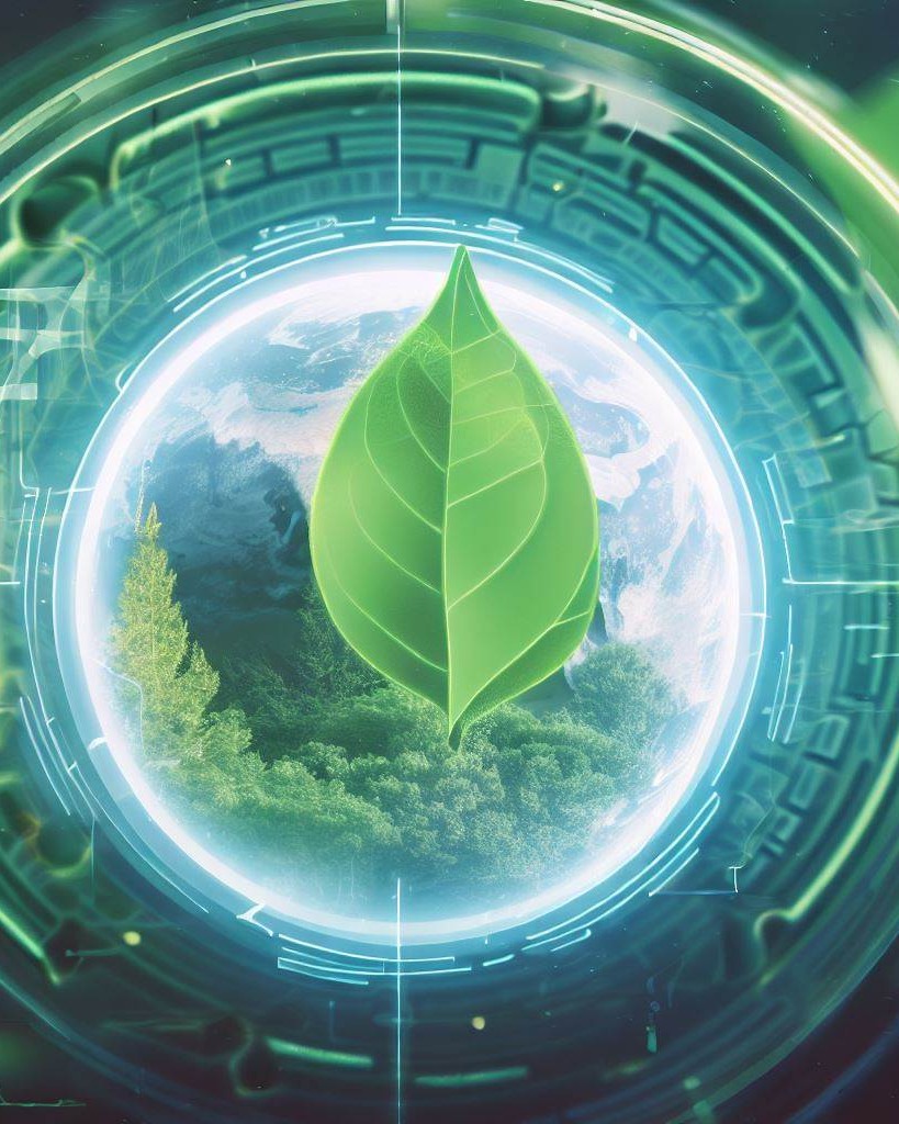 leaf and forest viewed through a round window like lense surrounded by green abstract cyber computer chip patterns