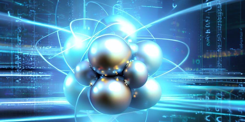 stylized quantum computer with glowing blue and white silver atoms in the center