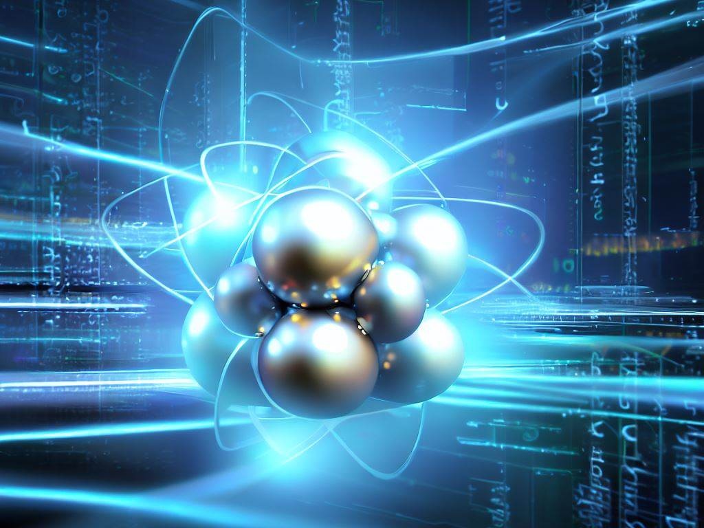 stylized quantum computer with glowing blue and white silver atoms in the center