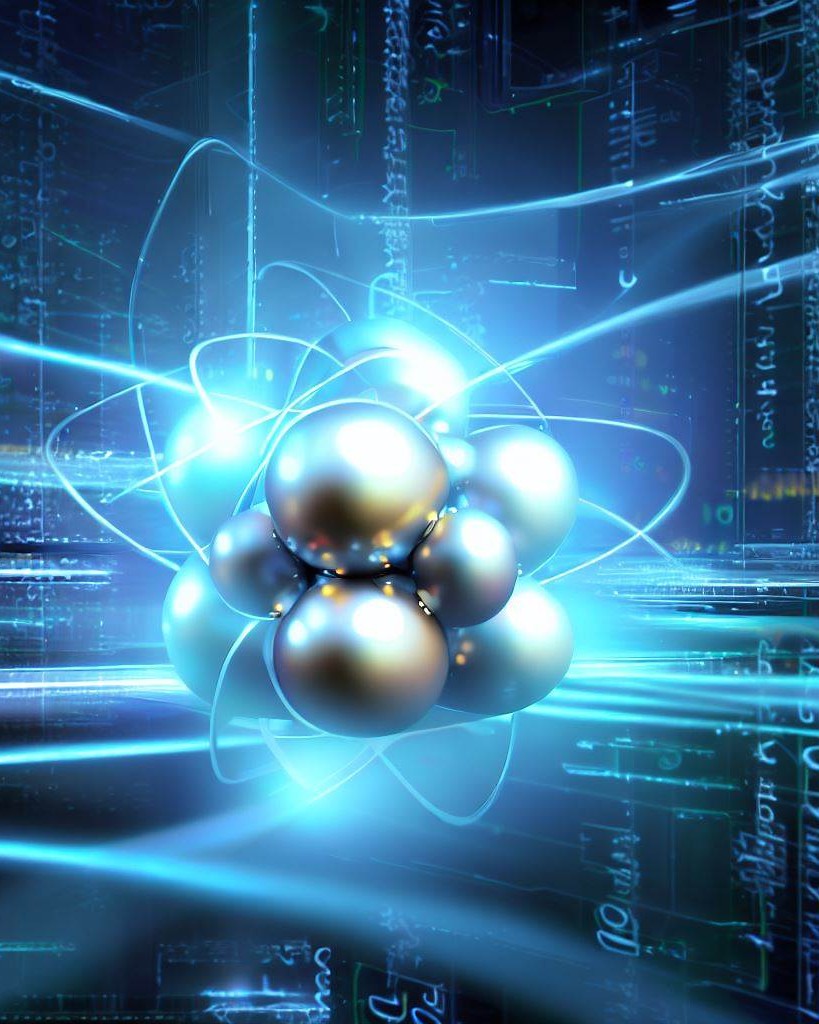 stylized quantum computer with glowing blue and white silver atoms in the center