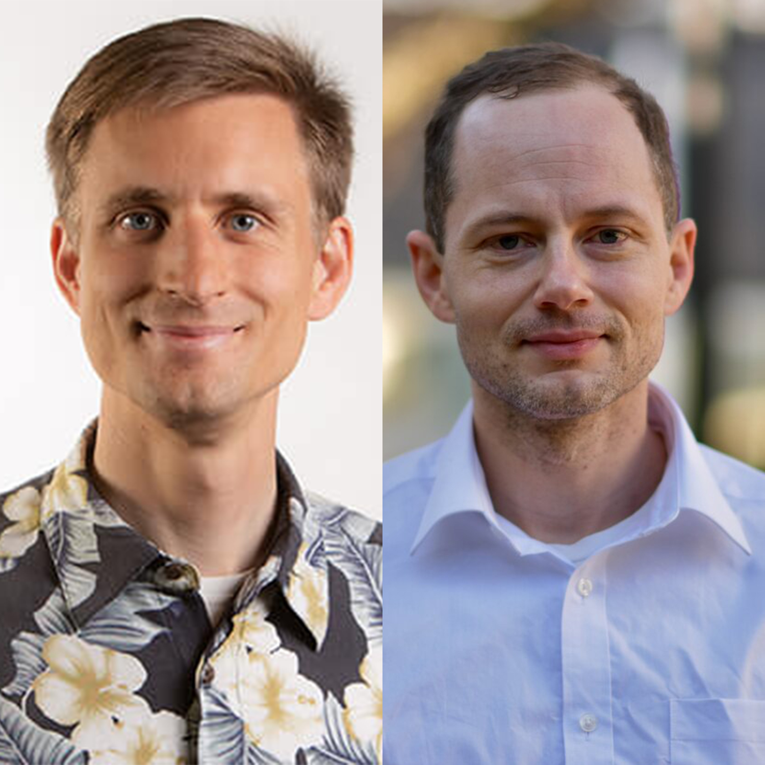 side by side photos of ryan hammerly male wearing hawaiian pattern shirt and dirk englund male wearing light blue shirt standing outside