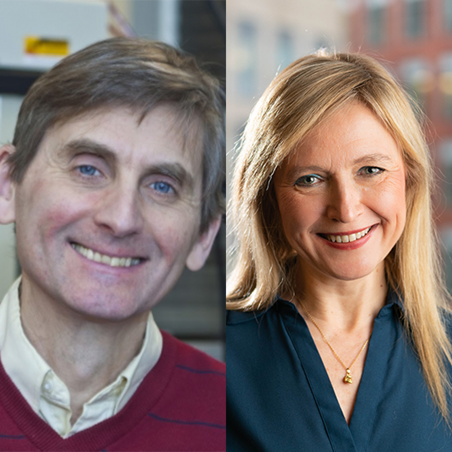 left male wearing red sweater and white dress shirt in front of grey background, right female wearing teal blouse in front of multi color background