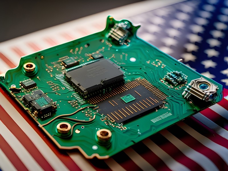 Photo of a computer chip sitting atop an image of an American flag