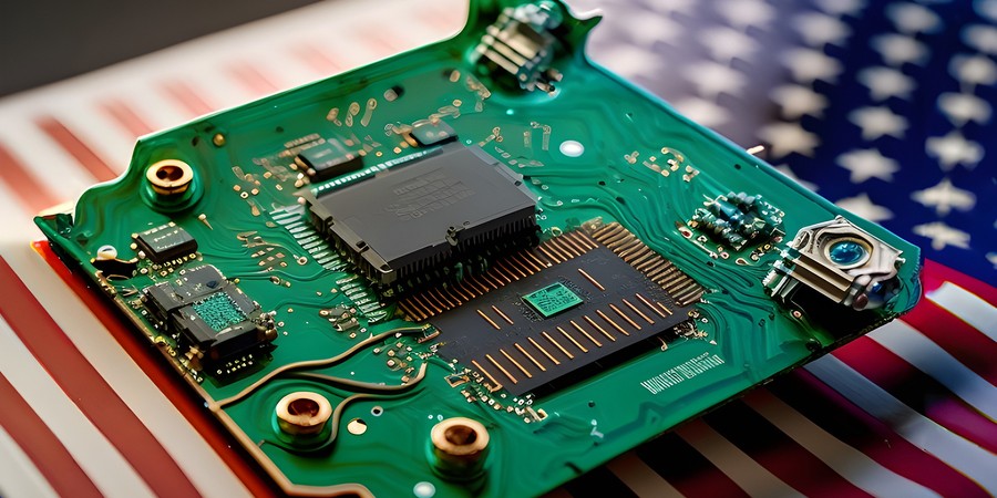 Photo of a computer chip sitting atop an image of an American flag
