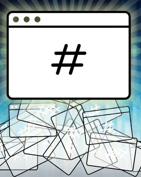 layered simple white cartoon internet browser windows with a hashtag symbol, also known as a pound or number symbol, on a multi-shades of blue background
