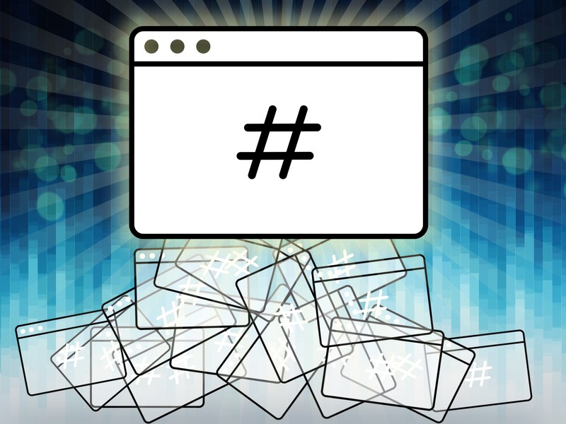 layered simple white cartoon internet browser windows with a hashtag symbol, also known as a pound or number symbol, on a multi-shades of blue background