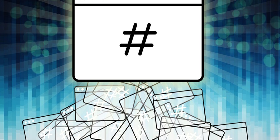 layered simple white cartoon internet browser windows with a hashtag symbol, also known as a pound or number symbol, on a multi-shades of blue background