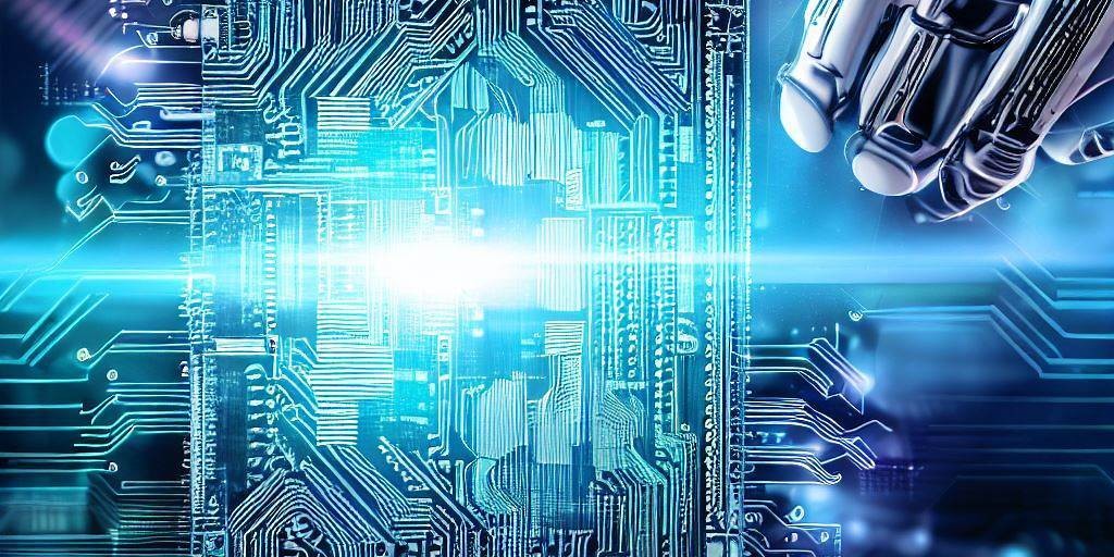 computer chip circuit board in shades of blues