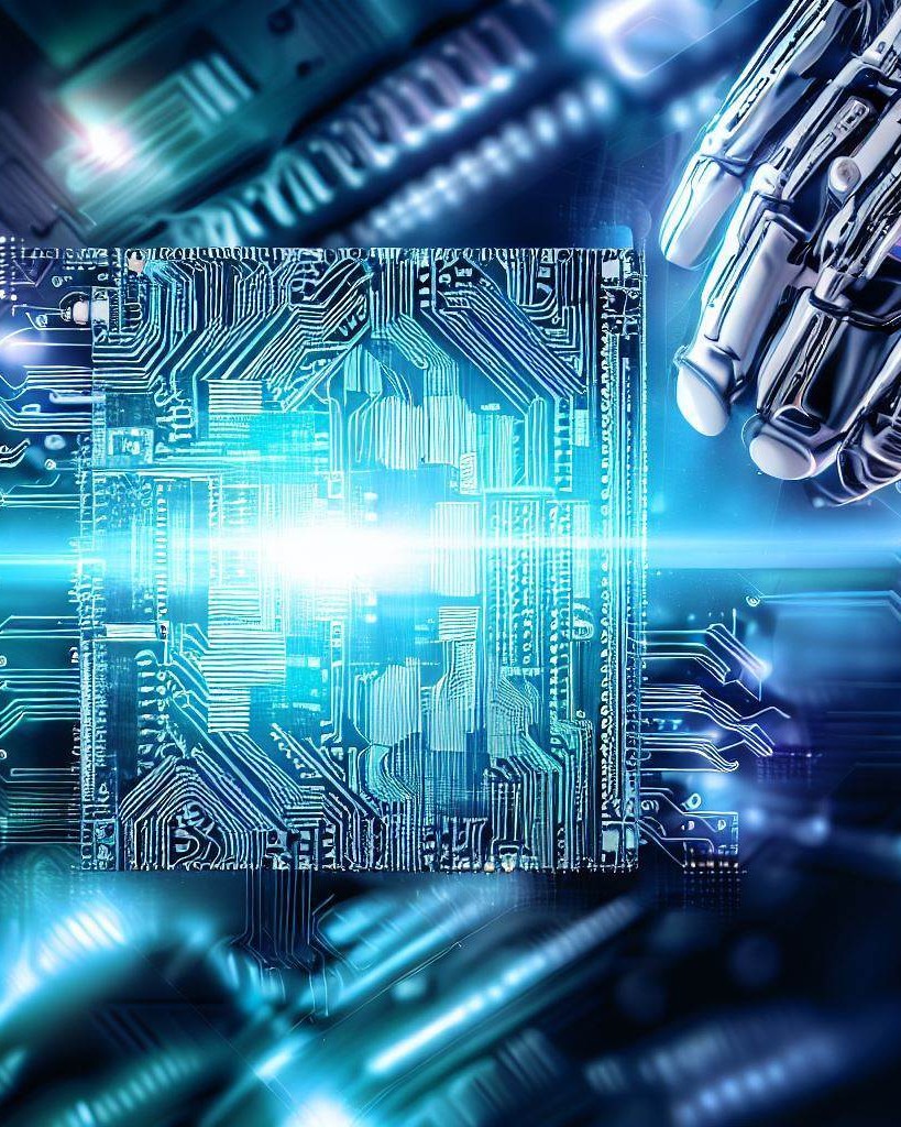 computer chip circuit board in shades of blues