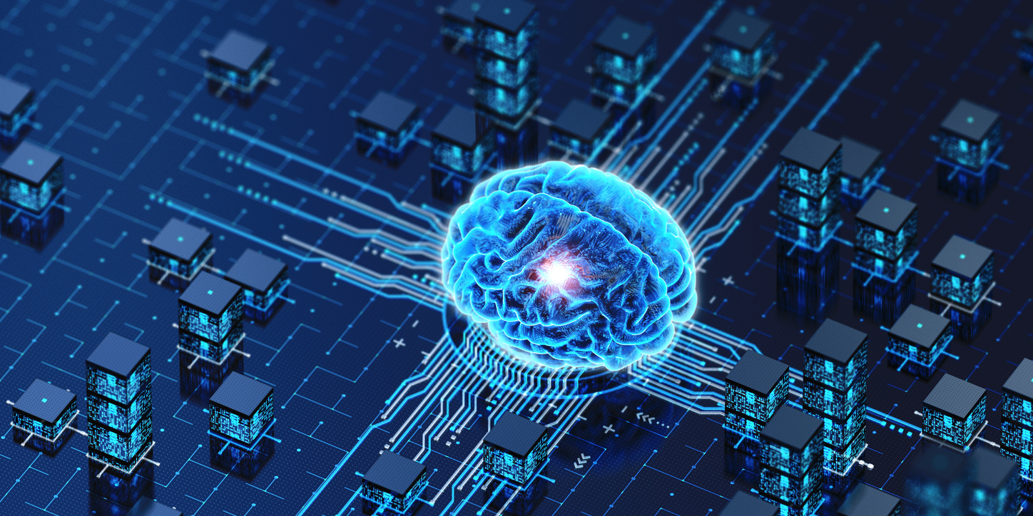 3D brain sitting on computer chip in shades of blue