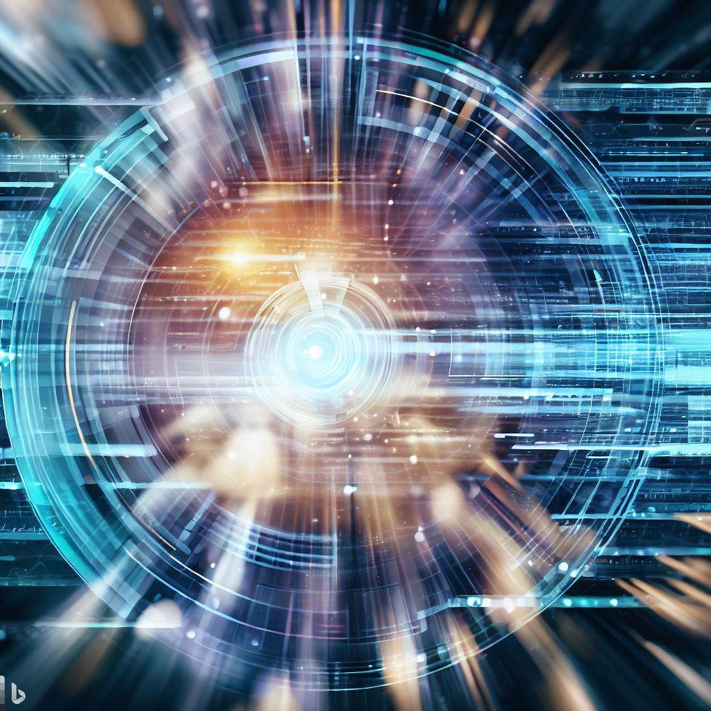 round lens shaped portal with flared light and colors in blues and purples representing data being moving through training