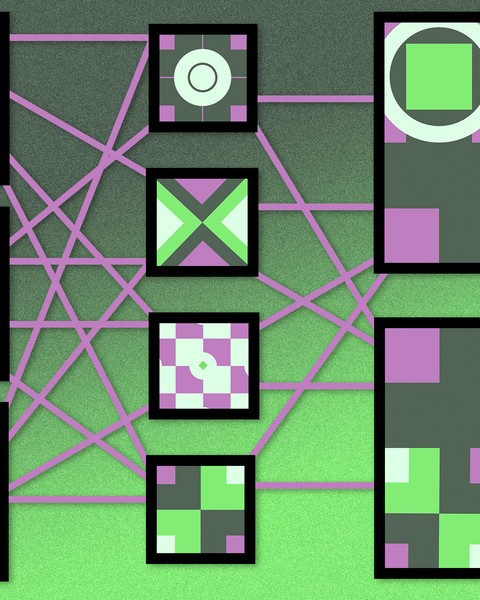 A neural network with lines connecting square nodes in 3 rows. The squares have different scenes of bold shapes in grey, pink and green. On the right row, there are two large square nodes with more complex arrangements of shapes.