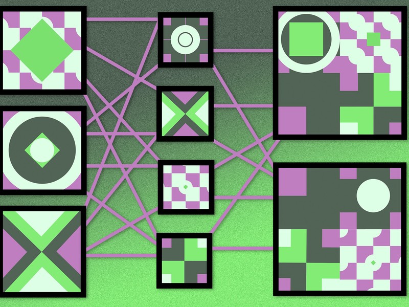 A neural network with lines connecting square nodes in 3 rows. The squares have different scenes of bold shapes in grey, pink and green. On the right row, there are two large square nodes with more complex arrangements of shapes.