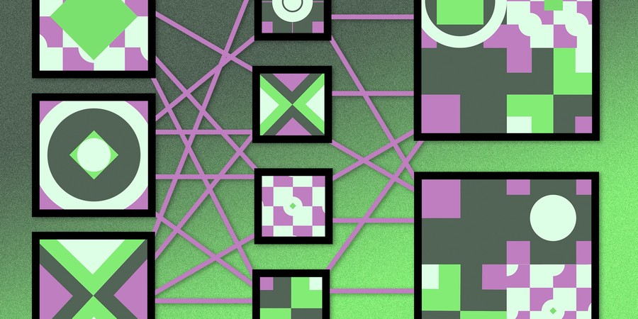 A neural network with lines connecting square nodes in 3 rows. The squares have different scenes of bold shapes in grey, pink and green. On the right row, there are two large square nodes with more complex arrangements of shapes.