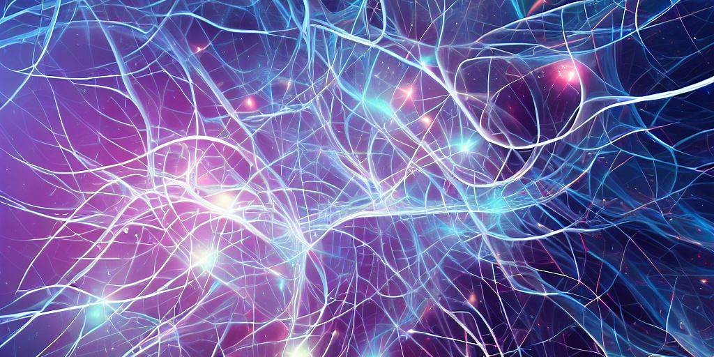 AI generated image represeantation of sparse neural networks in shades of pink, purple, and blue