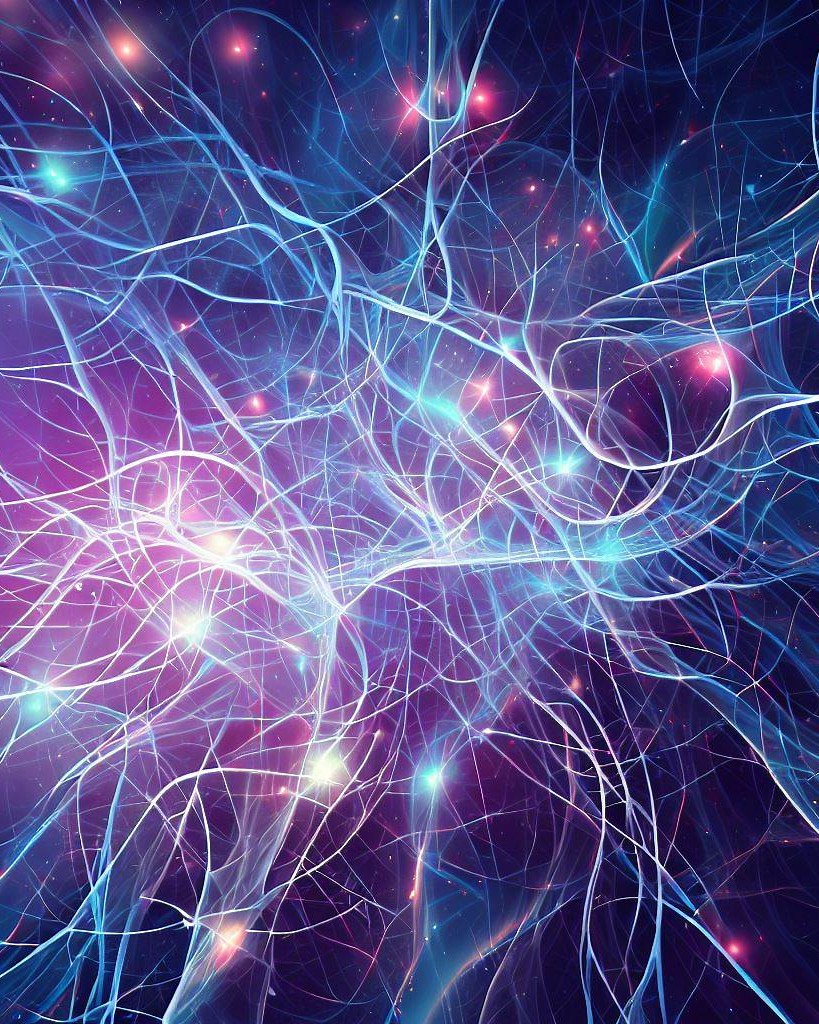 AI generated image represeantation of sparse neural networks in shades of pink, purple, and blue