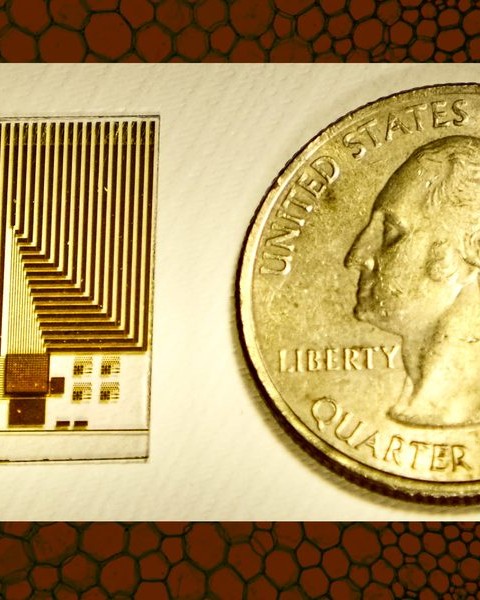 computer chip in shades of gold and brown laying next to a quarter coin for size comparison