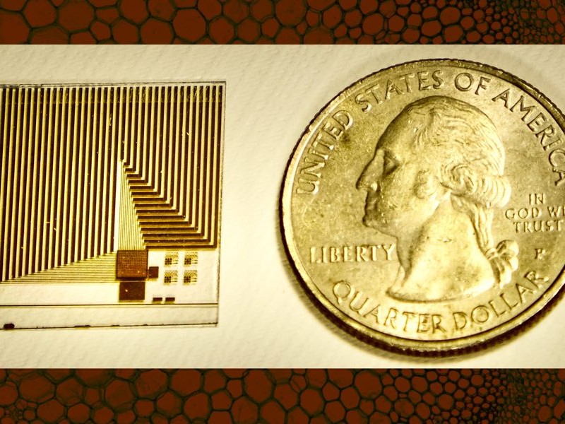 computer chip in shades of gold and brown laying next to a quarter coin for size comparison