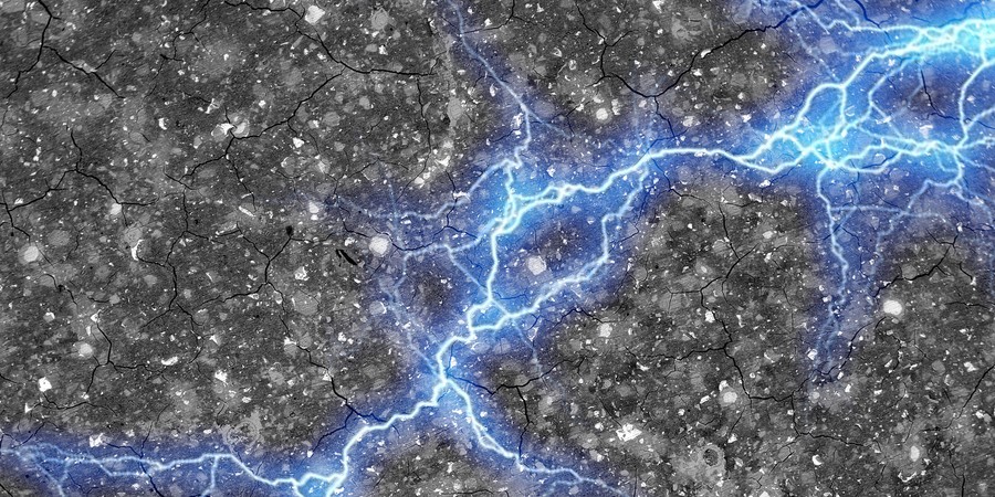 A streak of blue lightning, representing energy, spreads horizontally across a textured cement surface.