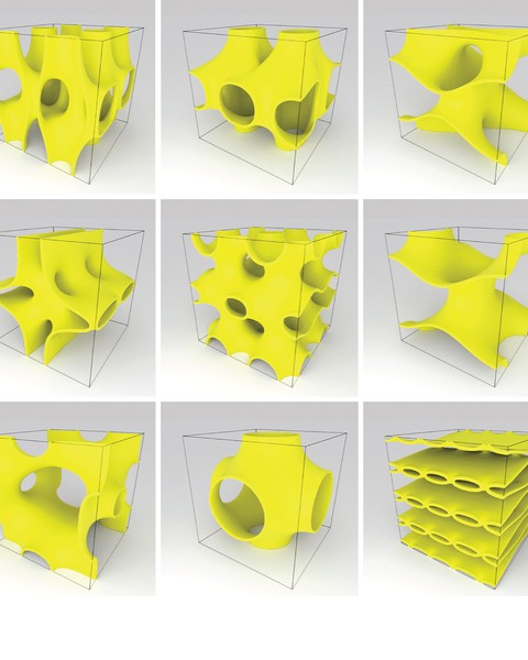 A 5x3 grid shows renderings of yellow objects. The objects have dynamic, bizarre shapes with large holes and a mix of smooth curved and straight surfaces.