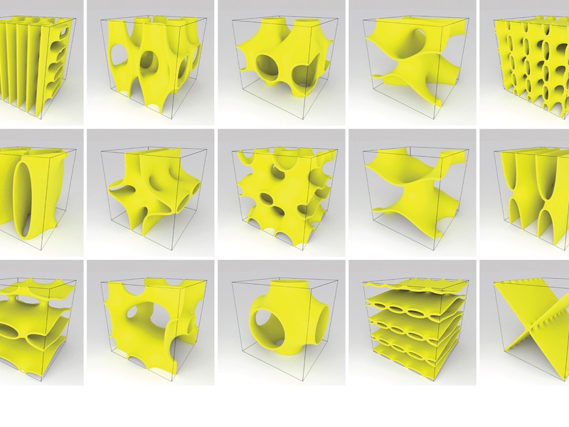 A 5x3 grid shows renderings of yellow objects. The objects have dynamic, bizarre shapes with large holes and a mix of smooth curved and straight surfaces.