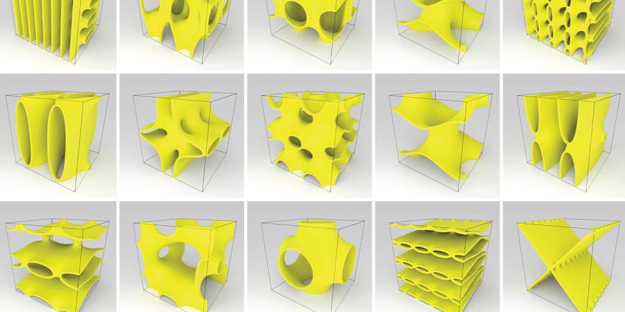 A 5x3 grid shows renderings of yellow objects. The objects have dynamic, bizarre shapes with large holes and a mix of smooth curved and straight surfaces.