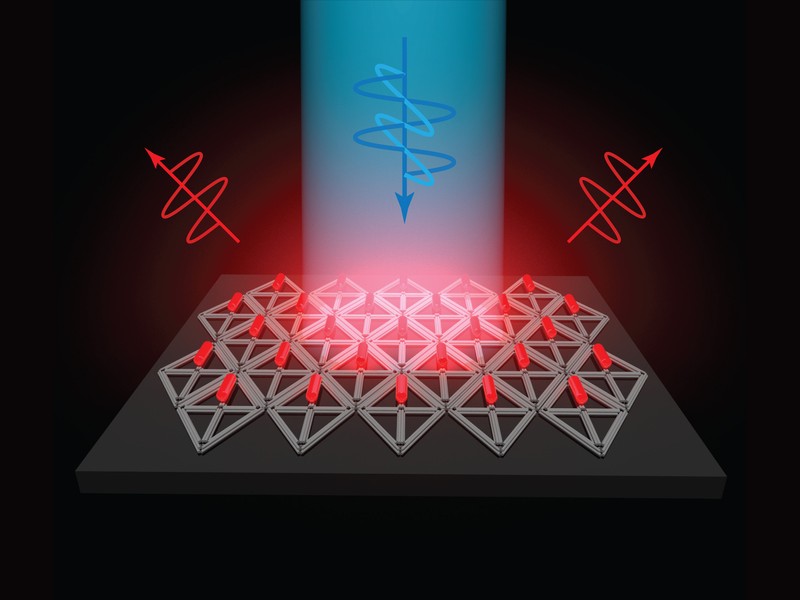 A blue squiggle-like DNA graphic points down in the center emitting light downwards. Two red DNA graphics are pointed up beside it. A structured array composed of triangular rods lie flat on dark gray surface, while the top rows of the arrays contain pieces resembling red pills.