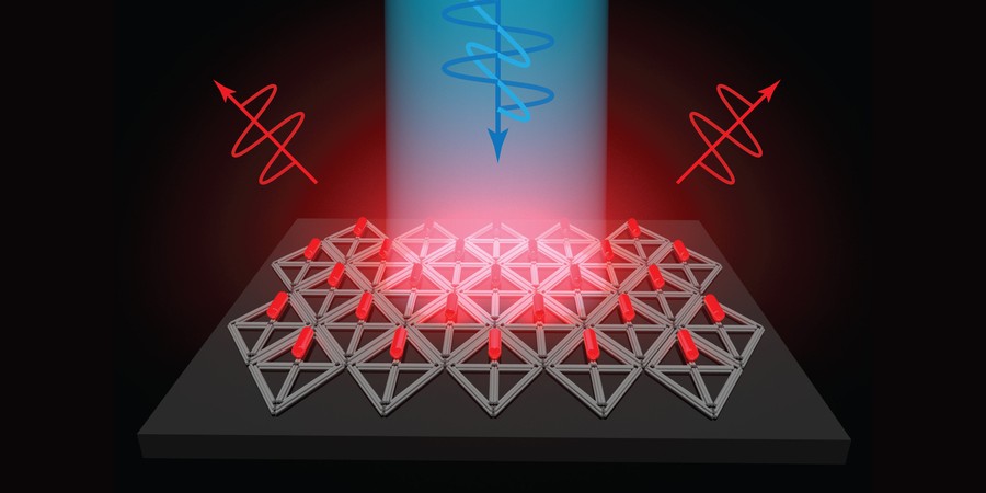 A blue squiggle-like DNA graphic points down in the center emitting light downwards. Two red DNA graphics are pointed up beside it. A structured array composed of triangular rods lie flat on dark gray surface, while the top rows of the arrays contain pieces resembling red pills.