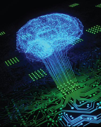 Realistic drawing of a printed circuit board, with circuit lines projecting above it in the shape of a brain