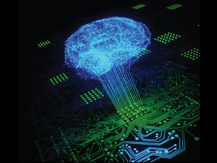 Realistic drawing of a printed circuit board, with circuit lines projecting above it in the shape of a brain