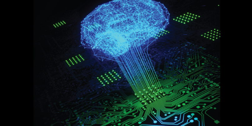 Realistic drawing of a printed circuit board, with circuit lines projecting above it in the shape of a brain