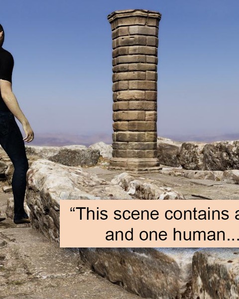 Rendering shows a figure standing in castle ruins, and a wooden box in foreground.