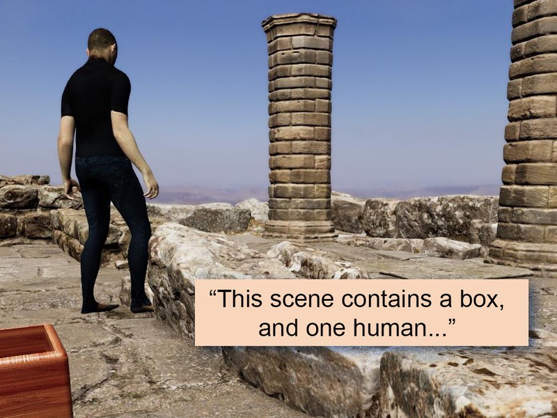 Rendering shows a figure standing in castle ruins, and a wooden box in foreground.