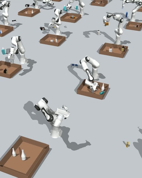 Rendering shows a grid of robot arms with a box in front of each one. Each robot arm is grabbing objects nearby, like sunglasses and plastic containers, and putting them inside a box.