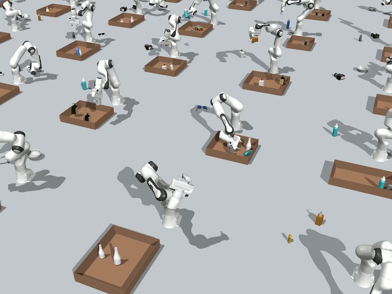 Rendering shows a grid of robot arms with a box in front of each one. Each robot arm is grabbing objects nearby, like sunglasses and plastic containers, and putting them inside a box.