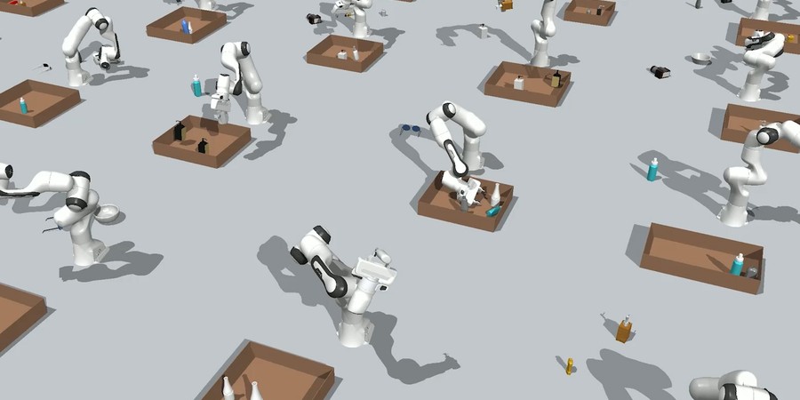 Rendering shows a grid of robot arms with a box in front of each one. Each robot arm is grabbing objects nearby, like sunglasses and plastic containers, and putting them inside a box.