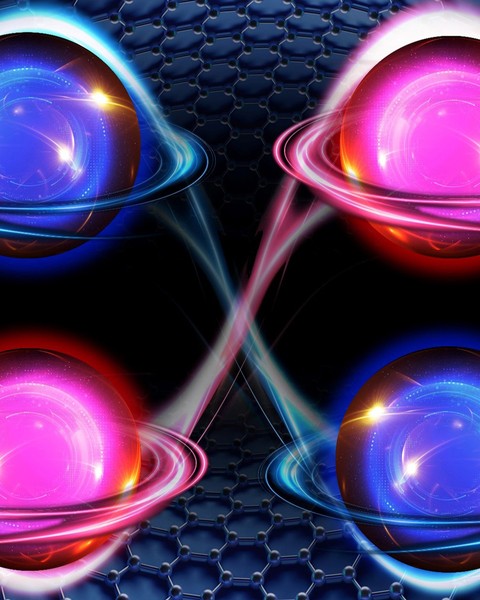 Between layers of graphene are 4 paired, shiny electrons. 2 are blue and 2 are red, and whisps of glowing energy connect them together. They have rings like Saturn, and these rings move them clockwise or counter-clockwise.