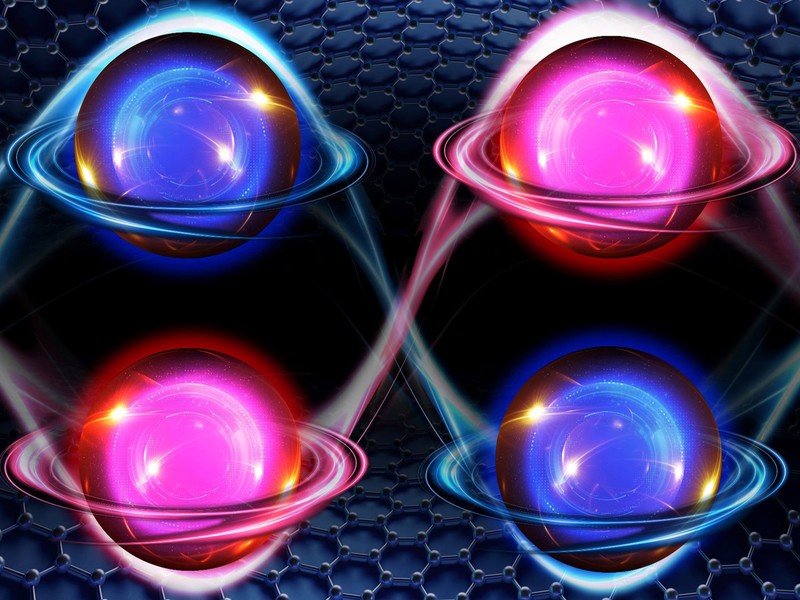 Between layers of graphene are 4 paired, shiny electrons. 2 are blue and 2 are red, and whisps of glowing energy connect them together. They have rings like Saturn, and these rings move them clockwise or counter-clockwise.