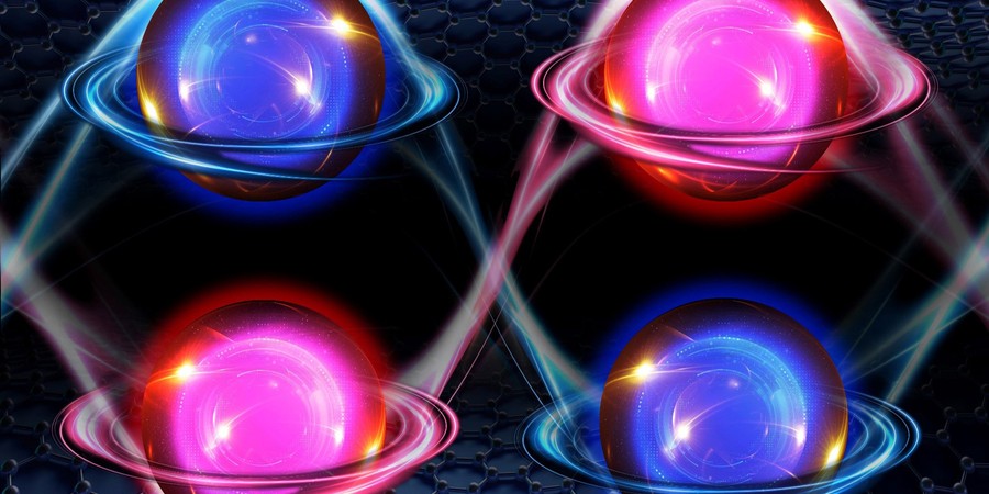 Between layers of graphene are 4 paired, shiny electrons. 2 are blue and 2 are red, and whisps of glowing energy connect them together. They have rings like Saturn, and these rings move them clockwise or counter-clockwise.
