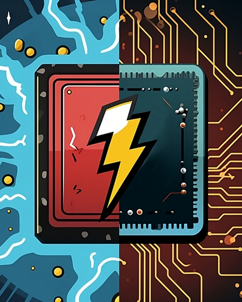 Colorful abstract drawing with blue lightning streaks on the left, gold microcircuits on the right, and a computer chip with a lighting bolt in the middle