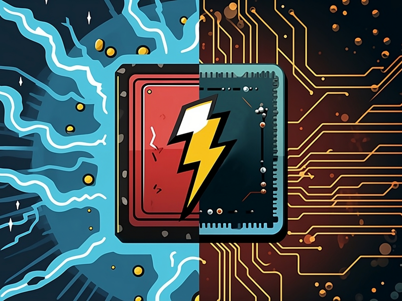 Colorful abstract drawing with blue lightning streaks on the left, gold microcircuits on the right, and a computer chip with a lighting bolt in the middle