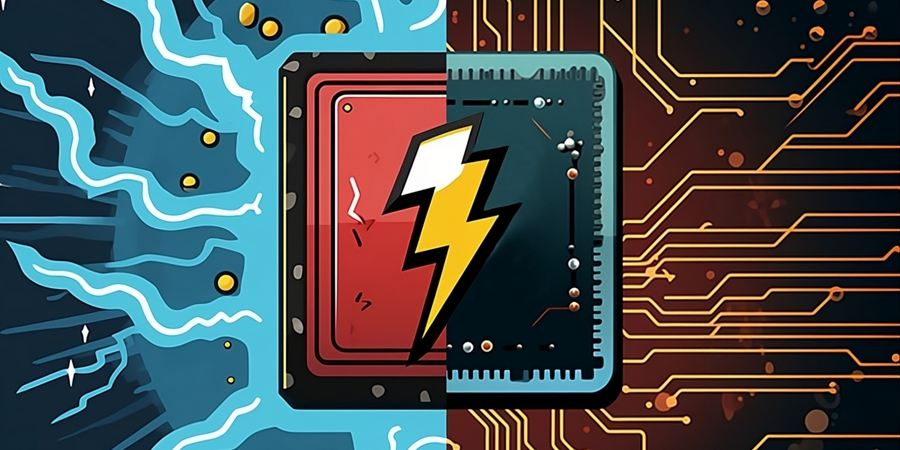 Colorful abstract drawing with blue lightning streaks on the left, gold microcircuits on the right, and a computer chip with a lighting bolt in the middle