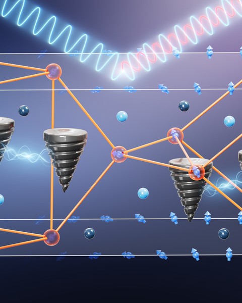 Complex 3d illustration of a clear cube denoting the outline of a molecule with reddish spheres as its atoms. Two pairs of screw-like objects appear connected by electricity amid various blue spheres and arrows. Waves of electromagnetic radiation appear to hit and bounce off the top of the cube.