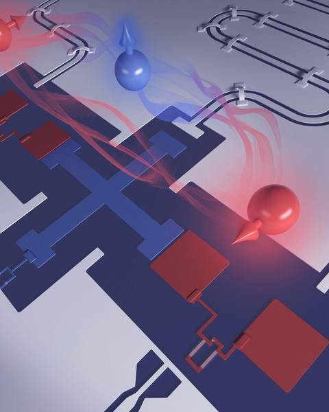 Superconducting qubit architecture resembling a cross, has blue “T” in center and four squares on longer ends.