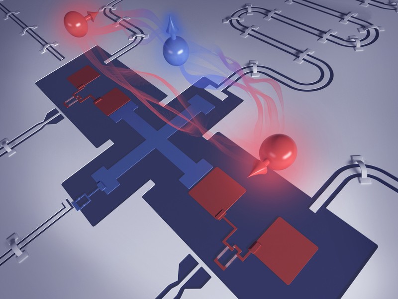 Superconducting qubit architecture resembling a cross, has blue “T” in center and four squares on longer ends.