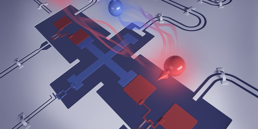 Superconducting qubit architecture resembling a cross, has blue “T” in center and four squares on longer ends.