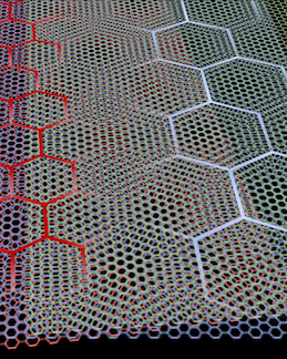 Graphic showing 3 layers of graphene that, when superimposed, display large hexagonal patterns in certain locations