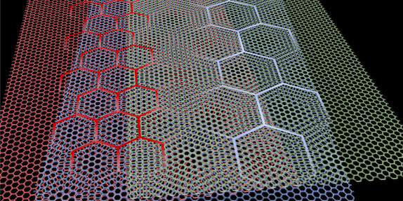 Graphic showing 3 layers of graphene that, when superimposed, display large hexagonal patterns in certain locations