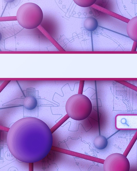 In the foreground is a search bar with a magnifying glass icon and a lock icon. In a background are blueprints, a neural network made up of spheres and bars, and more copies of the search bar.