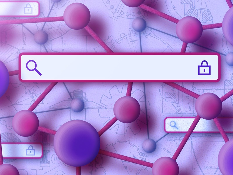 In the foreground is a search bar with a magnifying glass icon and a lock icon. In a background are blueprints, a neural network made up of spheres and bars, and more copies of the search bar.